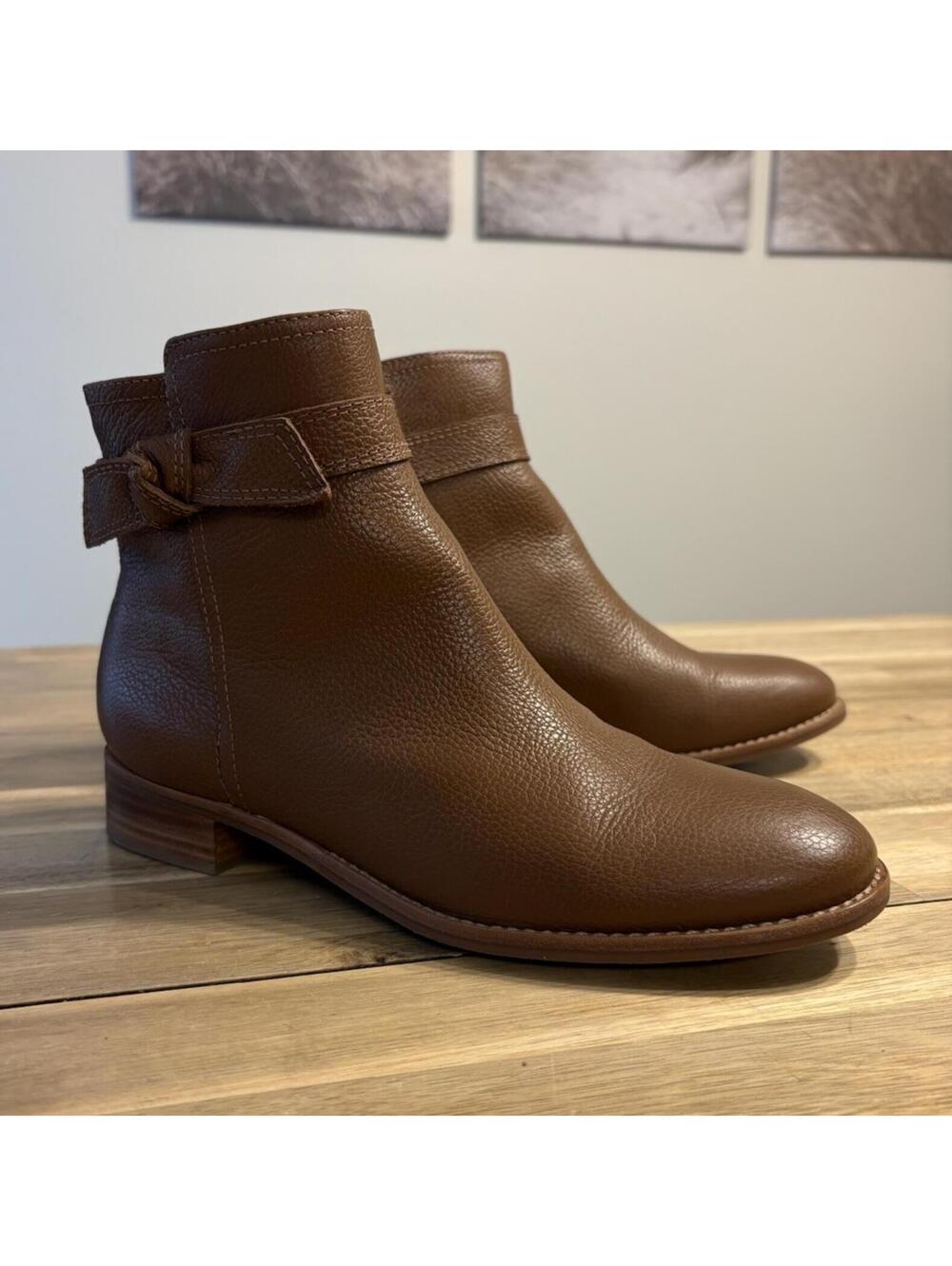 Talbots Tish Wrap Tie Bow Camel Brown Pebbled Leather Ankle Boots Sz 8